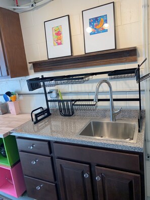 Fridge, microwave, coffee/tea maker, electric kettle