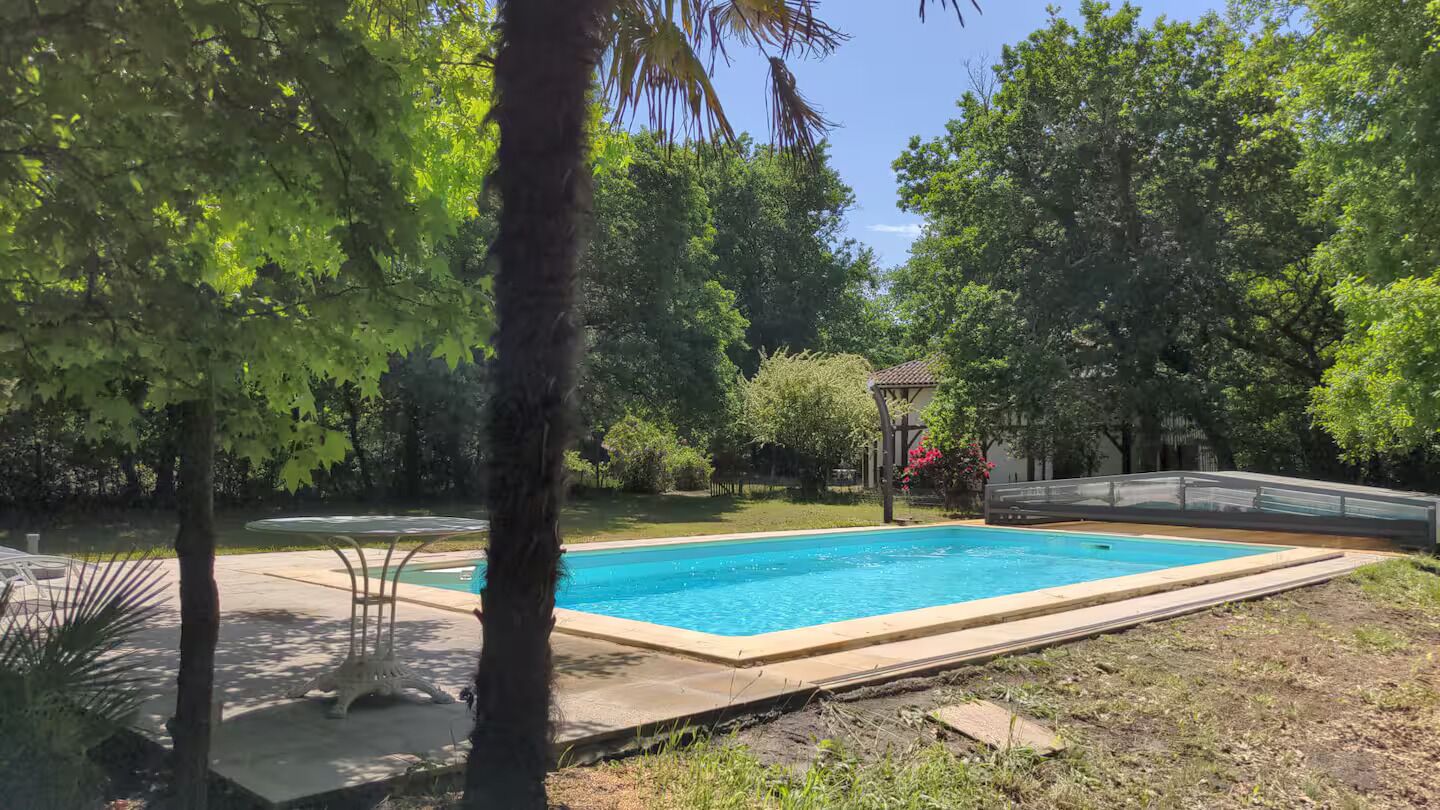 Uma piscina rodeada por vegetação exuberante e uma pérgula.