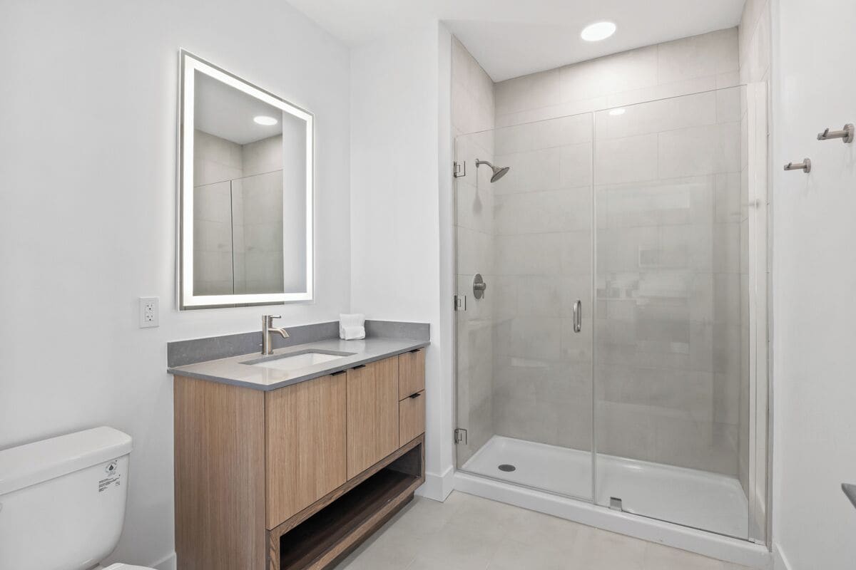 Une salle de bain moderne avec une douche à parois de verre, un meuble-lavabo en bois et un grand miroir.