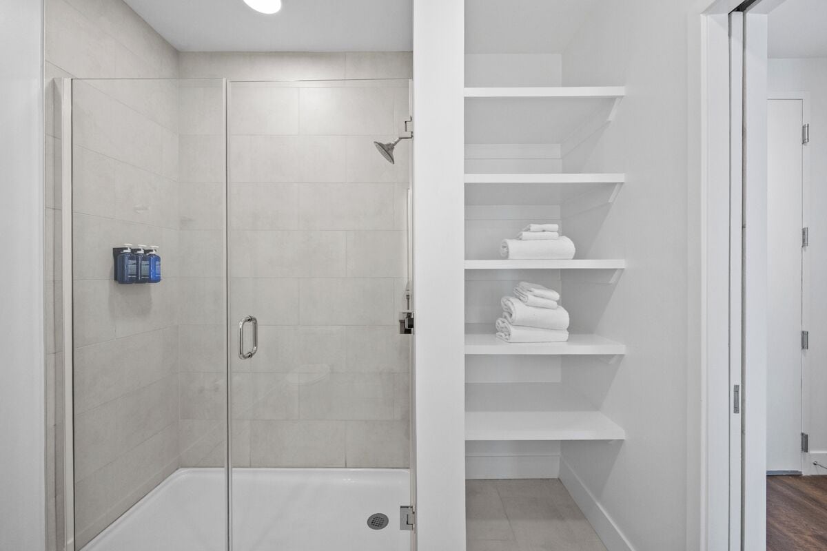 Hair dryer, towels, soap, shampoo