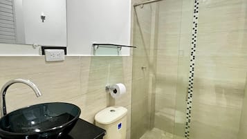 Shower, towels, soap, toilet paper