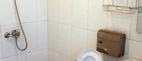 Une salle de bain équipée de toilettes, d’un lavabo, d’une douche et d’un distributeur de savon.