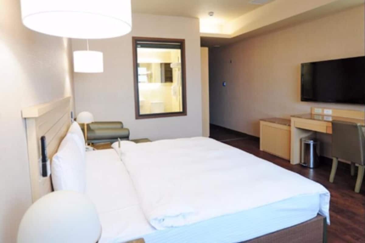 A hotel room with a bed, a desk, a television, and a window.