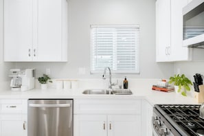 A modern kitchen with white cabinets, a stainless steel dishwasher, a sink, a stove, and a window with blinds. - Leyla| Pool/Spa|Downtown|Freeways|Beaches (San Diego)