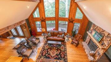 Smart TV, fireplace, DVD player, books