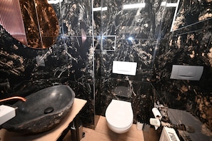 A bathroom with a black marble sink, a white toilet, and a mirror.