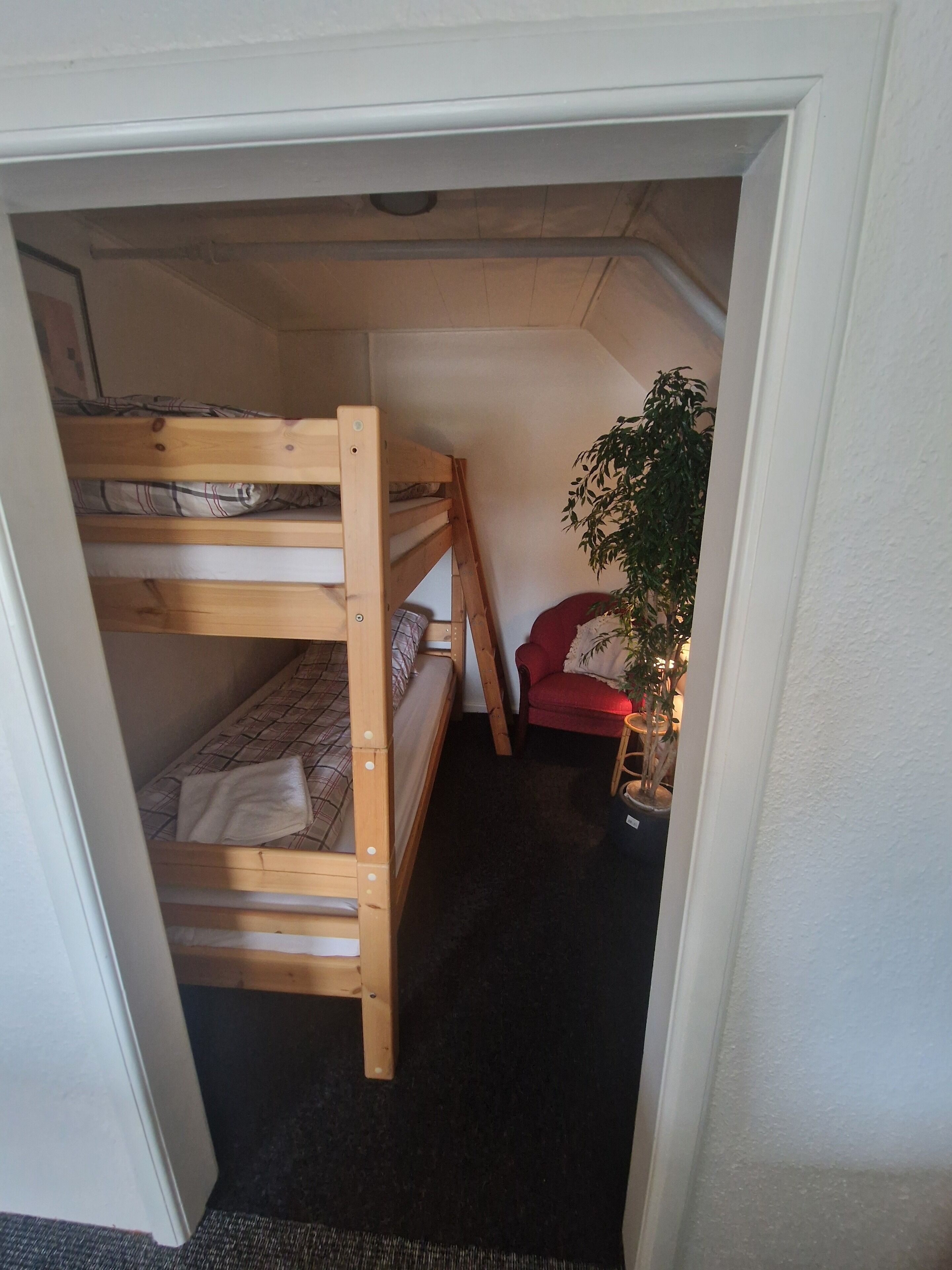 Una habitación pequeña y cerrada con una cama doble, una silla roja y una planta en maceta.