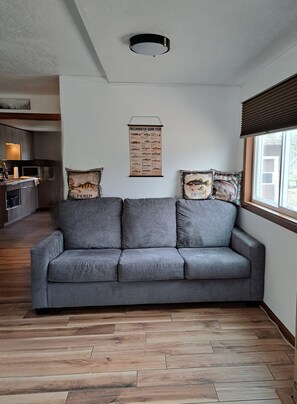 A grey sofa with three cushions, a wall-mounted fish chart, and a window with blinds.