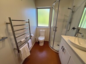 Shower, eco-friendly toiletries, hair dryer, towels