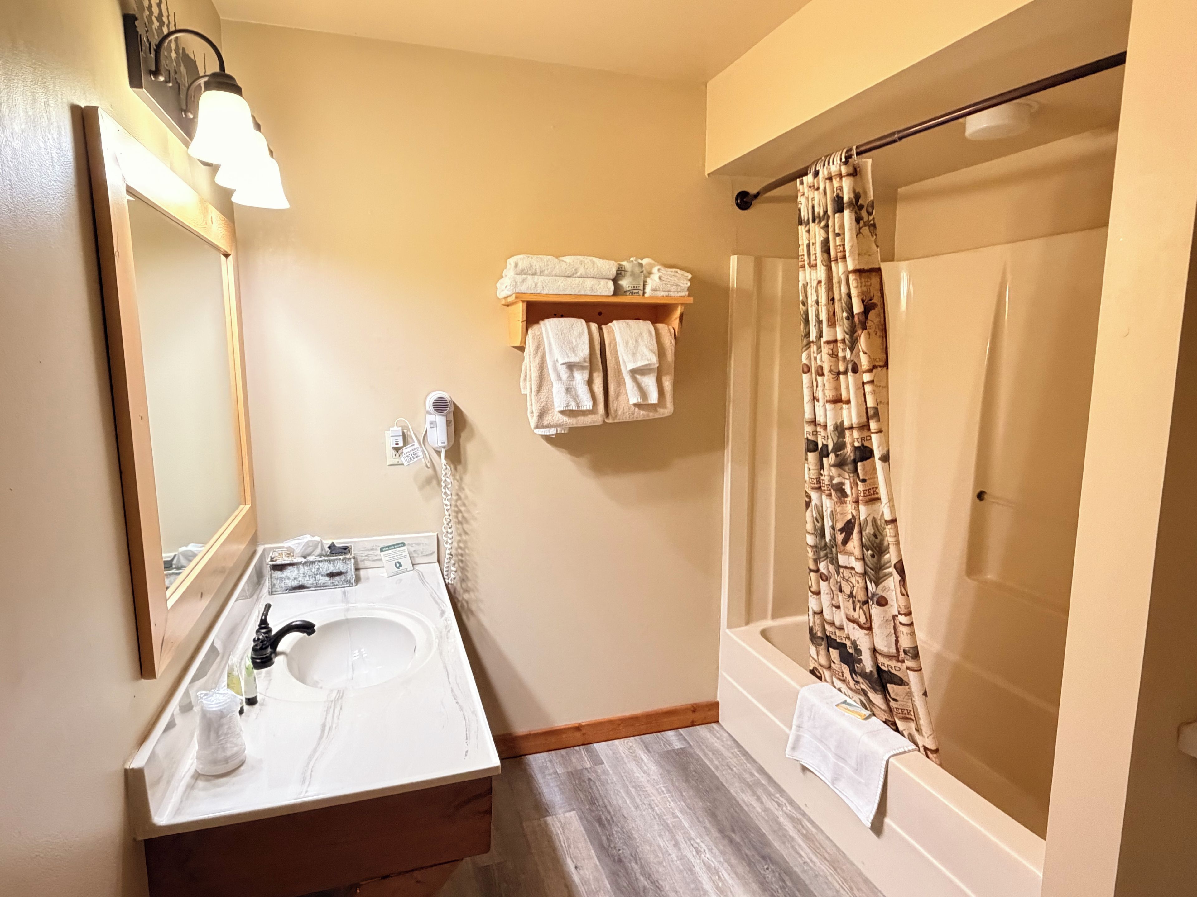 Deluxe Suite - 1 King Bed & Kitchenette | Bathroom | Combined shower/tub, hair dryer, soap, shampoo