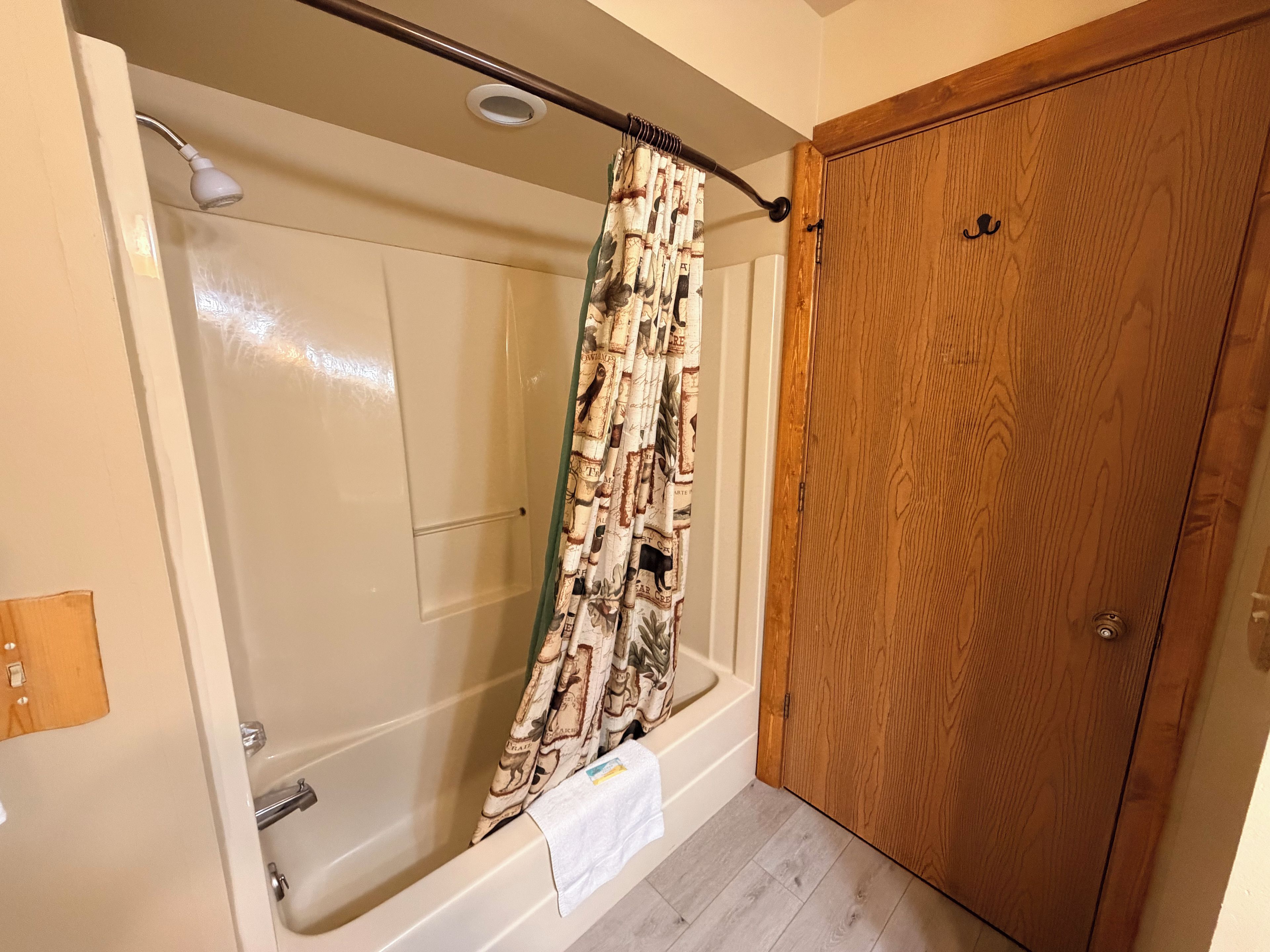 A bathroom with a shower, a wooden door, and a towel rack.
