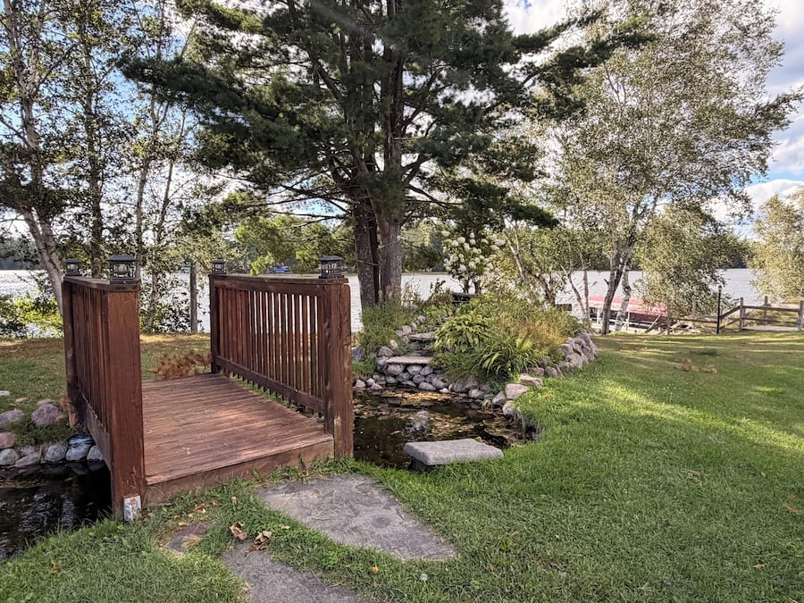 A wooden bridge leading to a dock over a small stream, surrounded by lush greenery and trees.