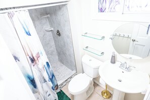 Shower, hair dryer, towels, soap
