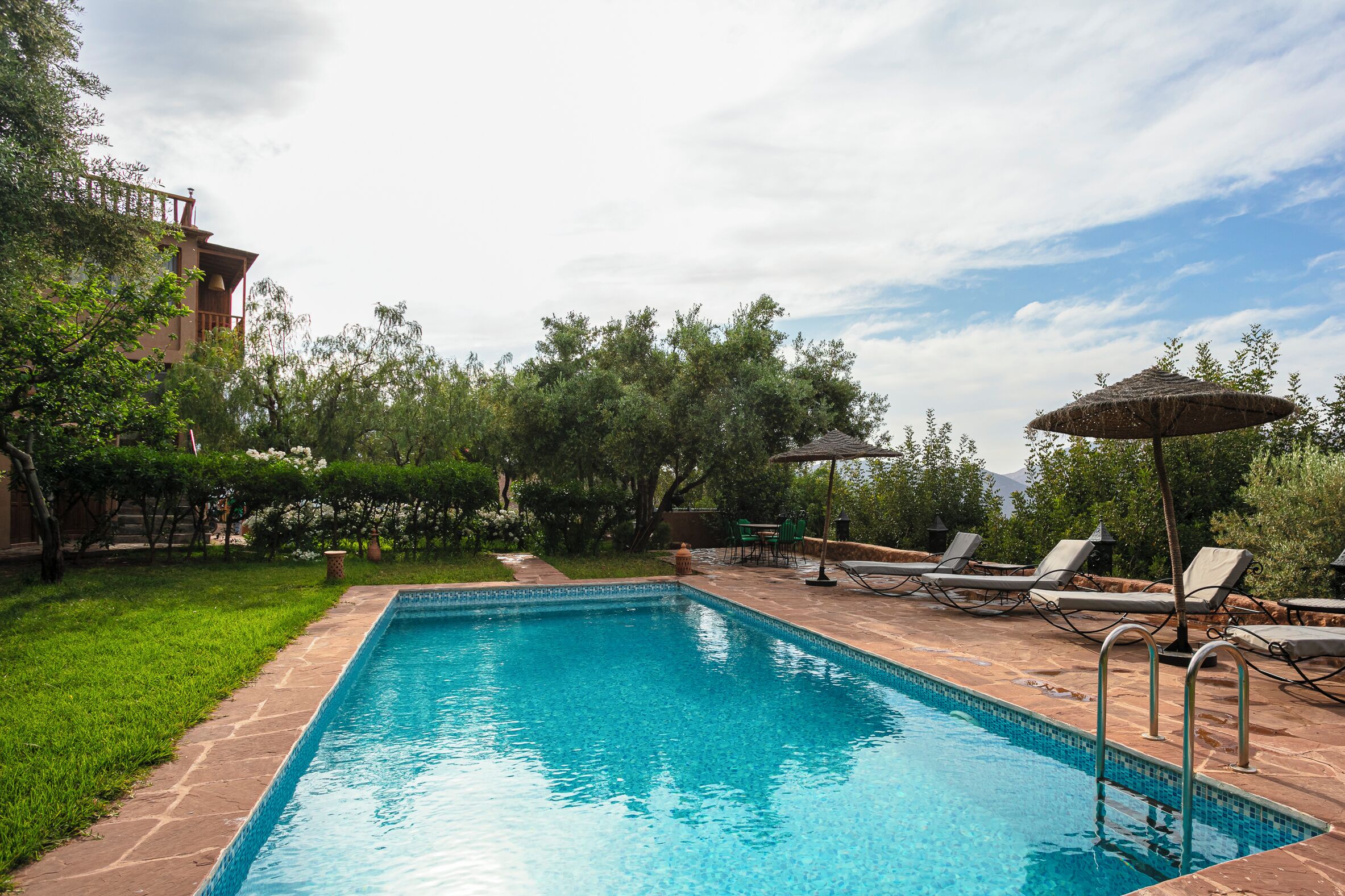 A rectangular swimming pool with a tiled edge, surrounded by a grassy area and trees.