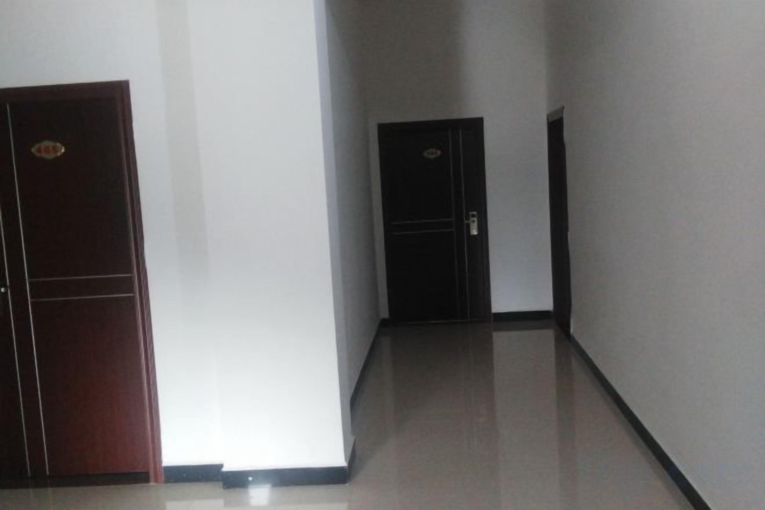 A corridor with two doors, one dark brown and one black, leading to rooms.