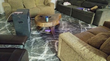 Smart TV, fireplace, video games, foosball