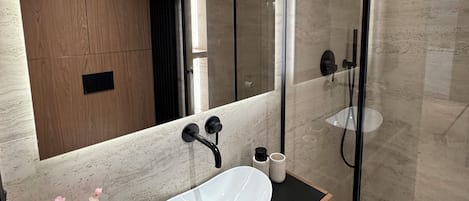 Shower, hair dryer, bidet, towels