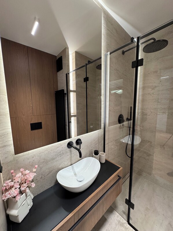 Regadera, secadora de cabello, bidet, toallas 