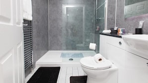 A modern bathroom with a glass-enclosed shower, a white toilet, and a sink with a countertop.