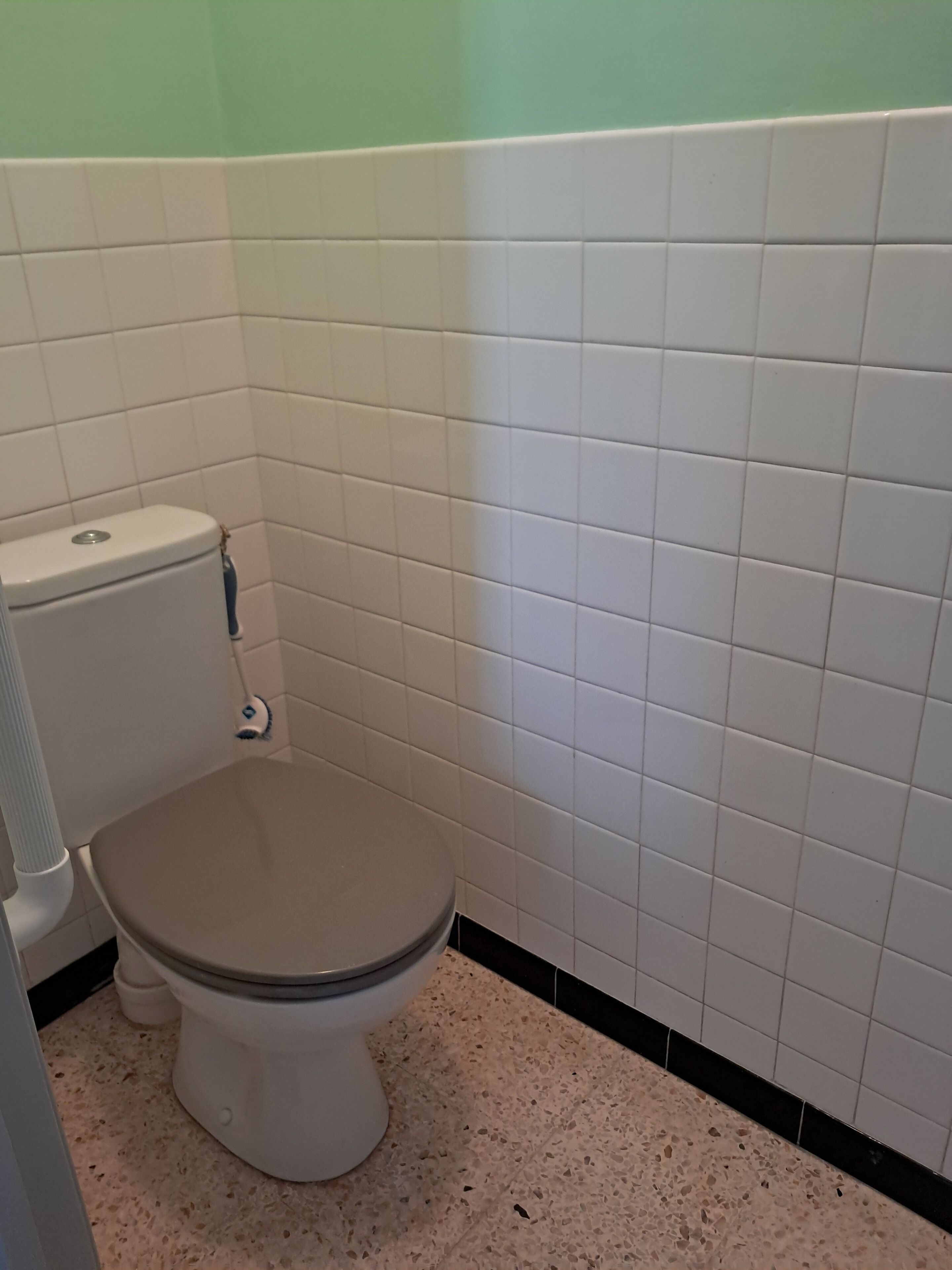 Een badkamer met een toilet, witte betegelde wanden en een gespikeld vloertje.
