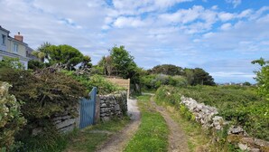 A rural pathway leading to a stone wall gate, surrounded by lush greenery and a clear sky.