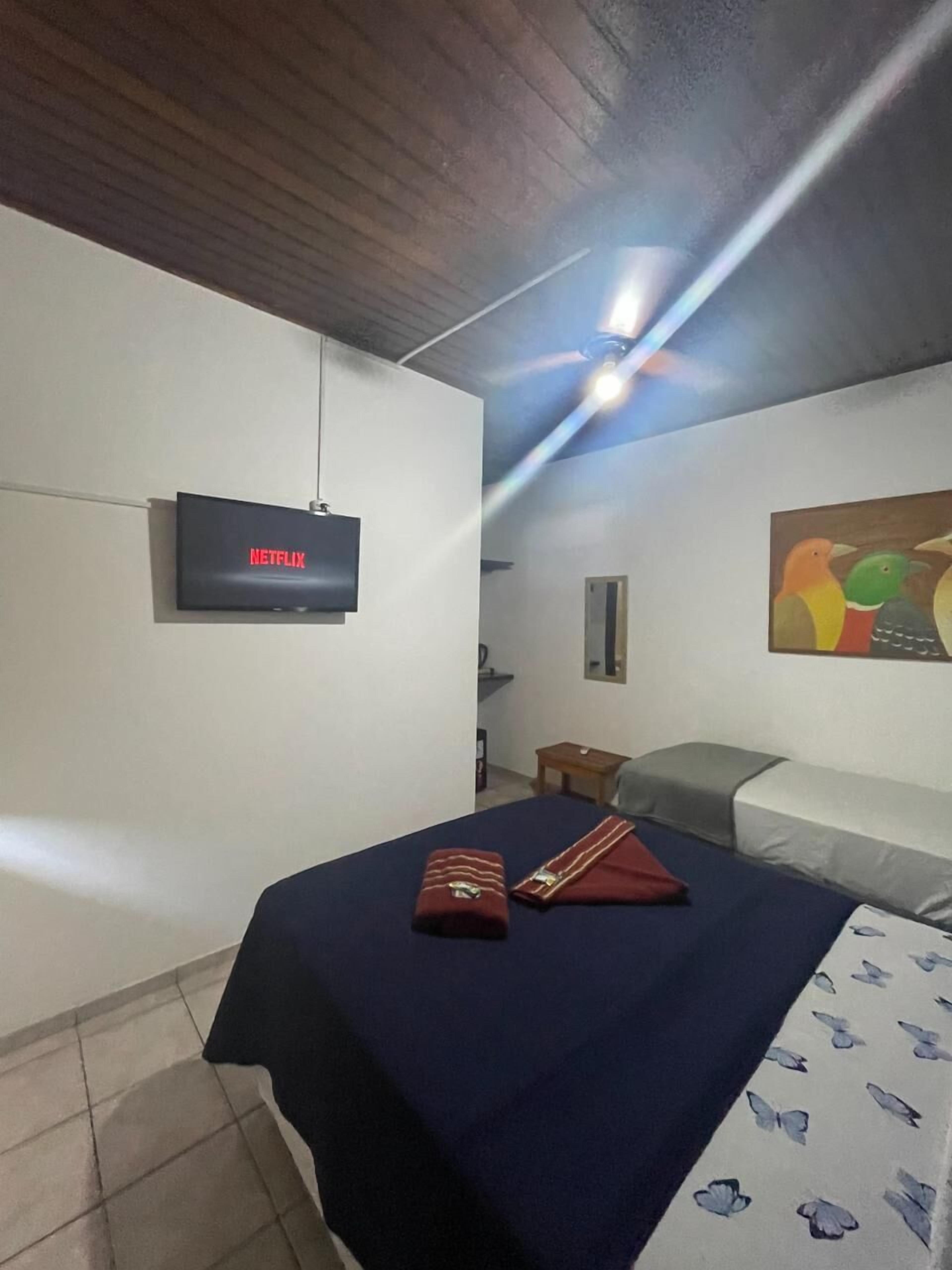 Une chambre avec un lit, une télévision, un ventilateur de plafond, un tableau et une petite table.