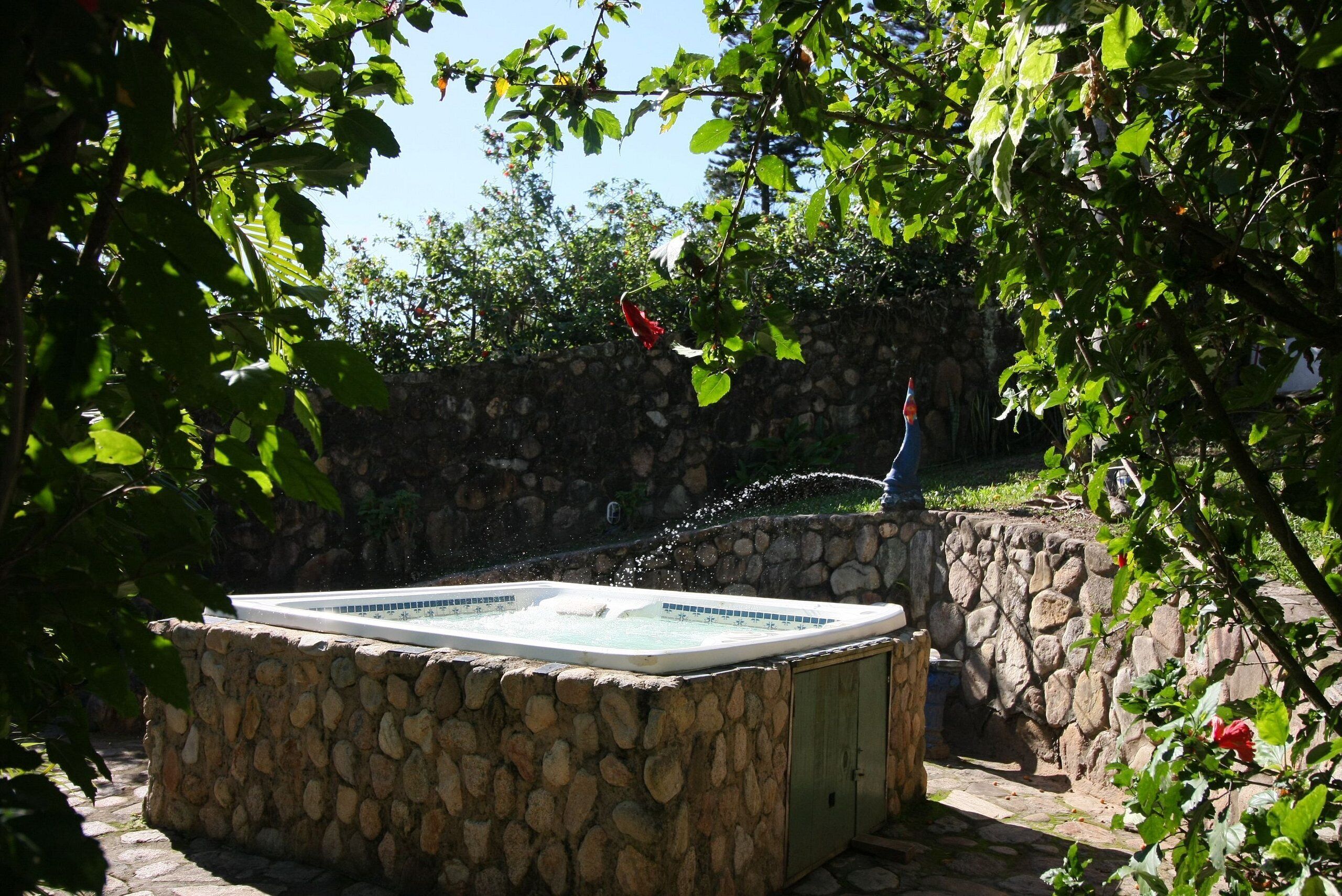 A stone hot tub surrounded by greenery and a stone wall.