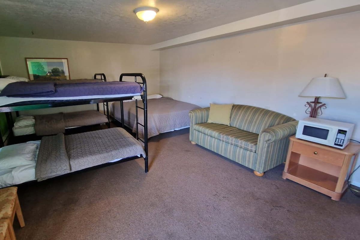 A bunk bed with a lower bunk, a single bed, a striped sofa, a wooden nightstand with a microwave, and a lamp.
