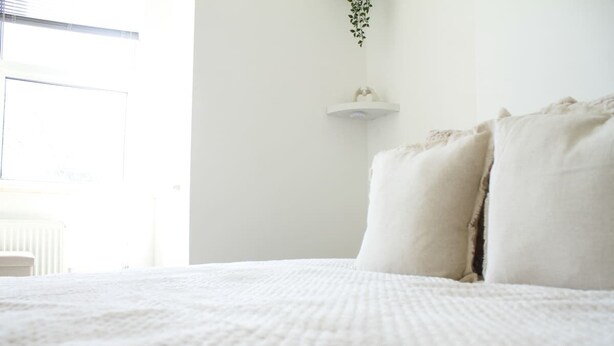 Une chambre avec un grand lit, du linge de lit blanc, une plante suspendue et un radiateur blanc.