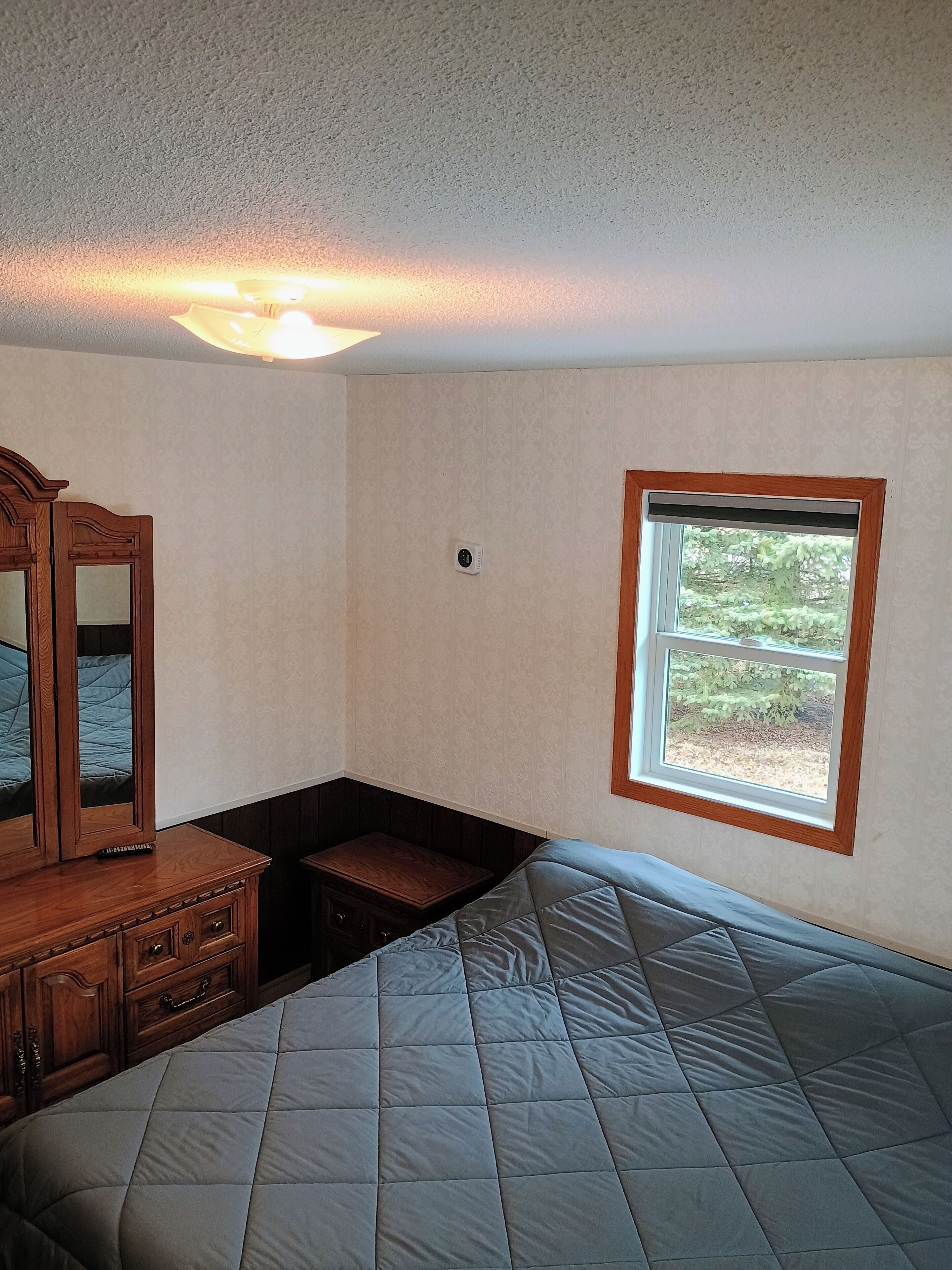 A bedroom with a bed, dresser, mirror, window, and thermostat.