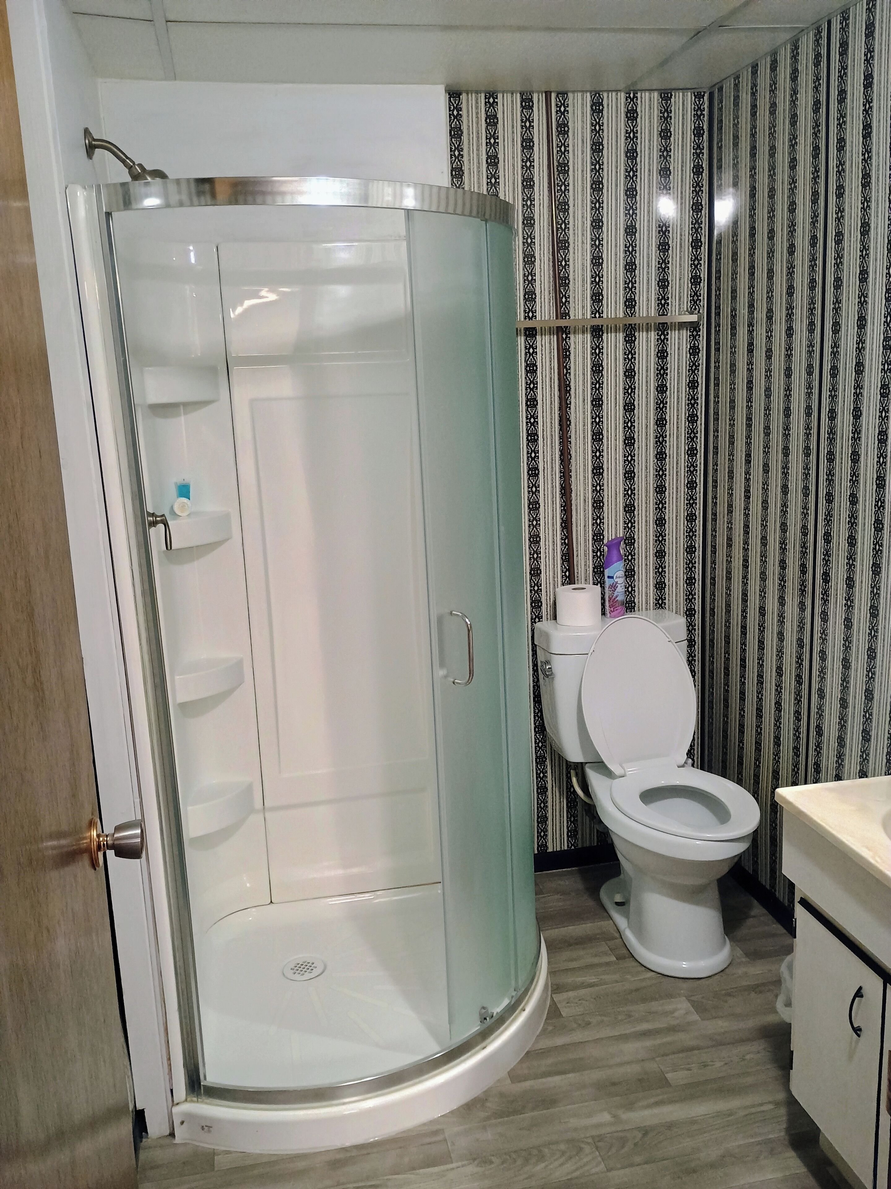 Shower, towels, soap, shampoo