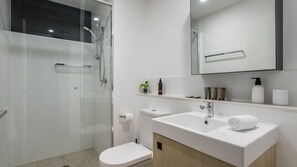 Shower, hair dryer, towels