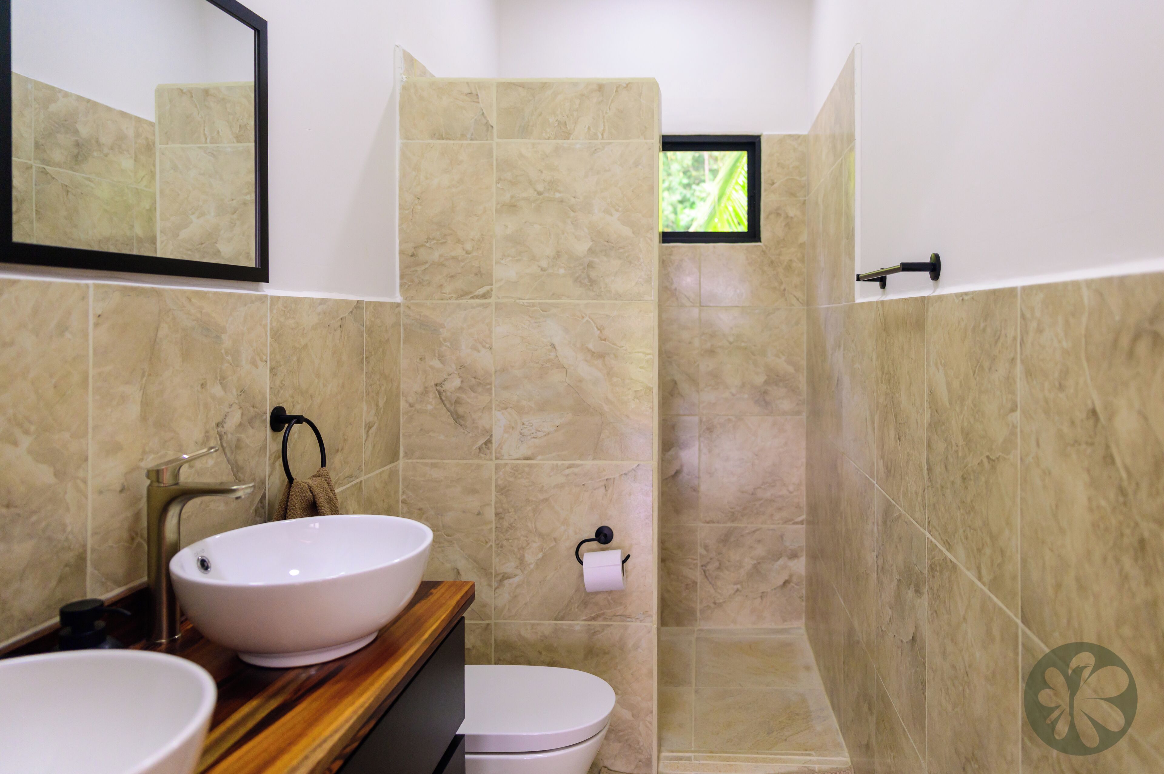 Shower, towels, toilet paper