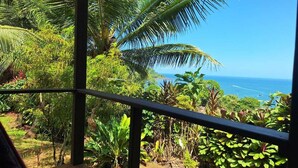 A balcony with a view of the ocean, surrounded by tropical vegetation.