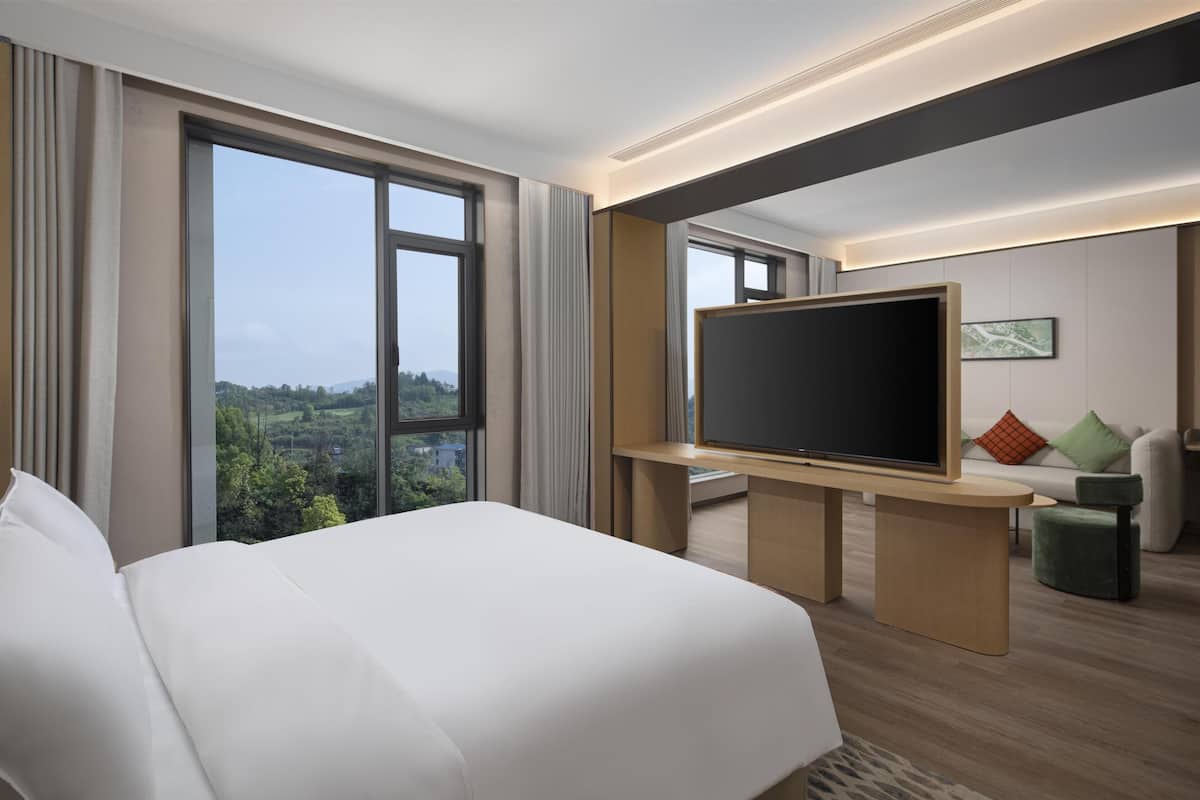 Una habitación de hotel moderna con una cama grande, televisión de pantalla plana, escritorio y vista al exterior.