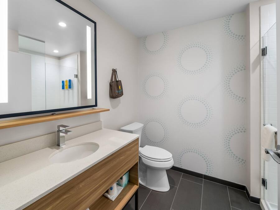 Et moderne badeværelse med en trækommode, et stort spejl, et hvidt toilet og et bruseområde.