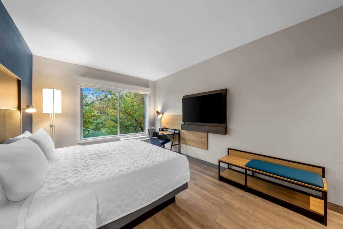 Quarto de hotel moderno com uma cama grande, uma escrivaninha, uma televisão e um banco.