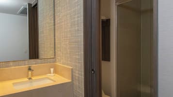 A modern bathroom with a large sink, mirror, and a glass shower enclosure.