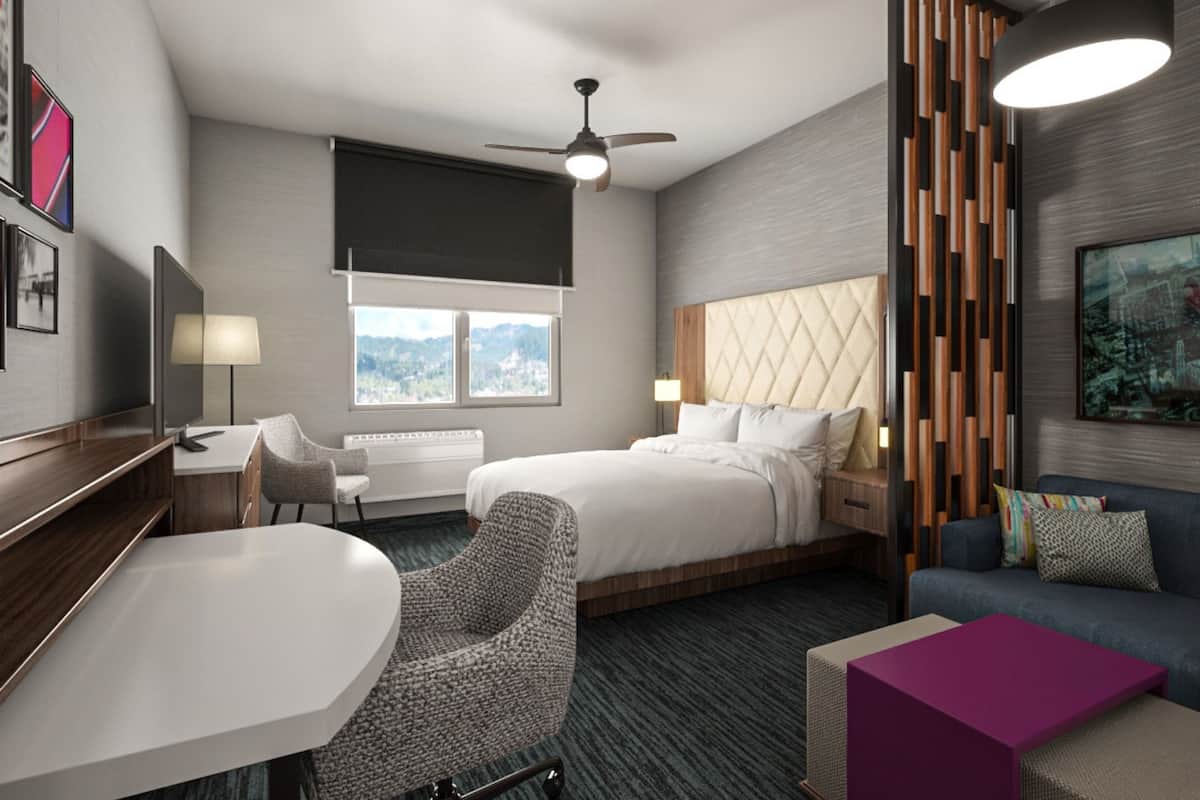 A hotel room with a bed, a desk, a chair, a sofa, a ceiling fan, and a window with a view.