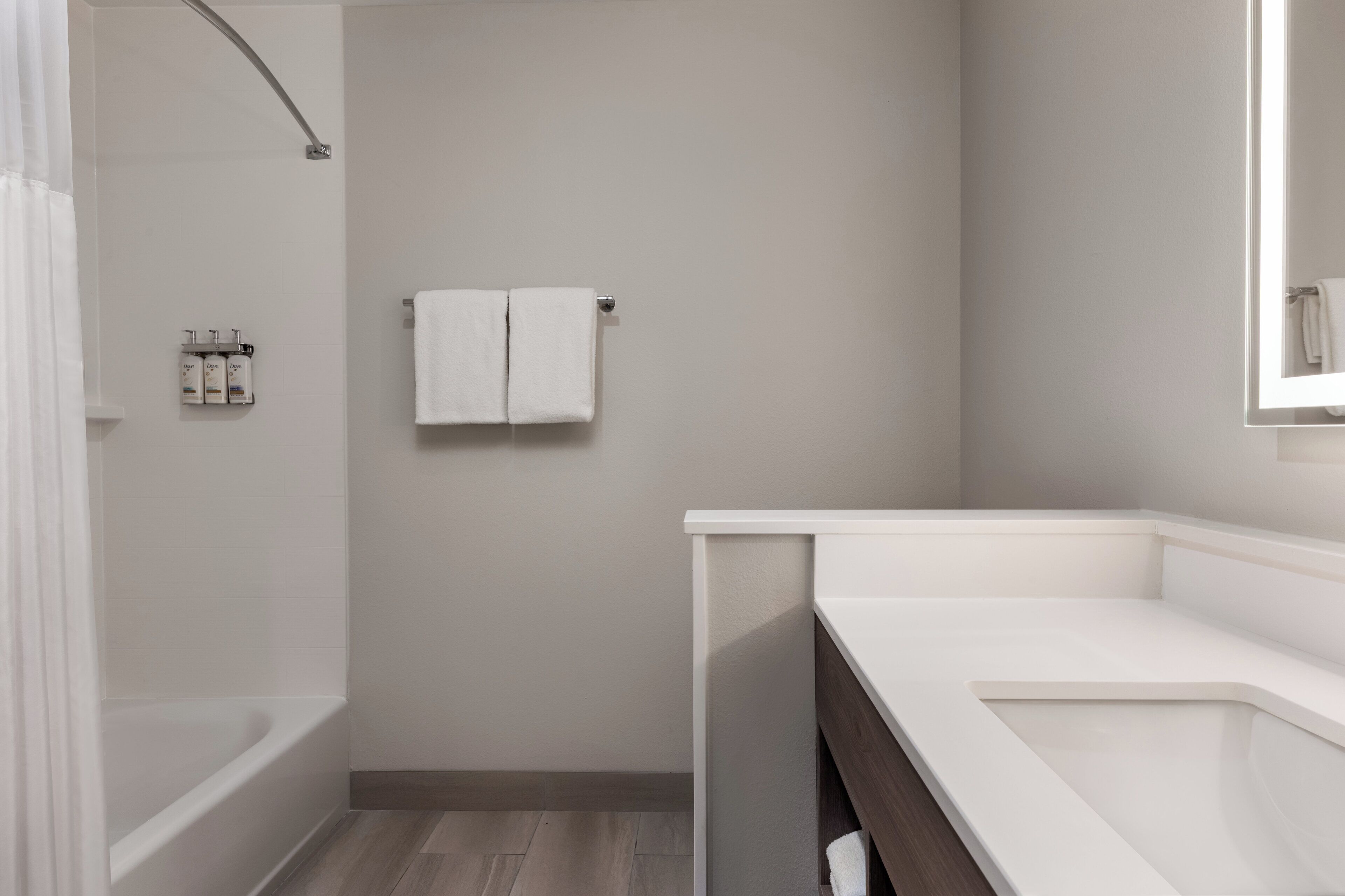 A modern bathroom with a bathtub, a shower, and a vanity with a mirror.