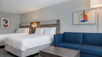 Desk, laptop workspace, blackout drapes, iron/ironing board