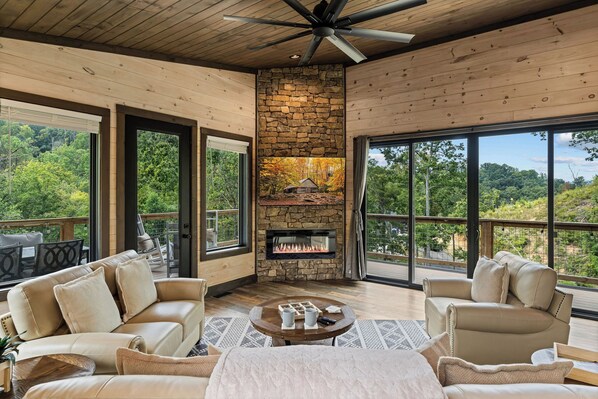 Smart TV, fireplace, foosball