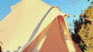 A tent with a bed inside, surrounded by green artificial grass and scattered pink petals. - Rose's Glamping (Rincón de la Victoria)
