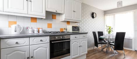 Fridge, microwave, oven, electric kettle