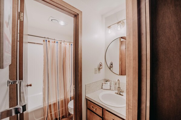 A bathroom with a wooden door, a shower curtain, a toilet, a sink with a mirror, and toiletries on the counter.
