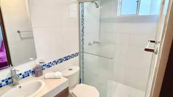 Shower, towels, toilet paper