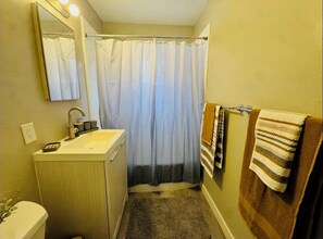 Hair dryer, towels, soap, toilet paper