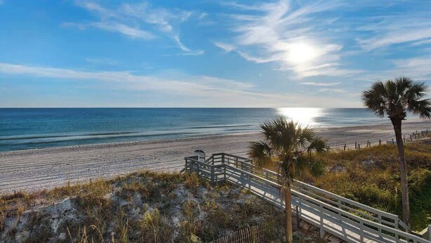A beach with a wooden walkway leading to a sandy area, palm trees, and the ocean.