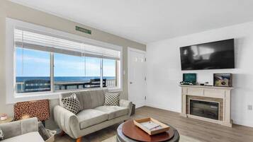 TV, fireplace, books