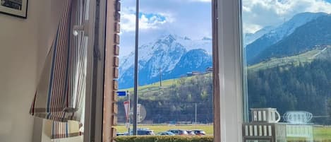 A room with a large window offering a mountain view, a radiator, and a dark-colored sofa.